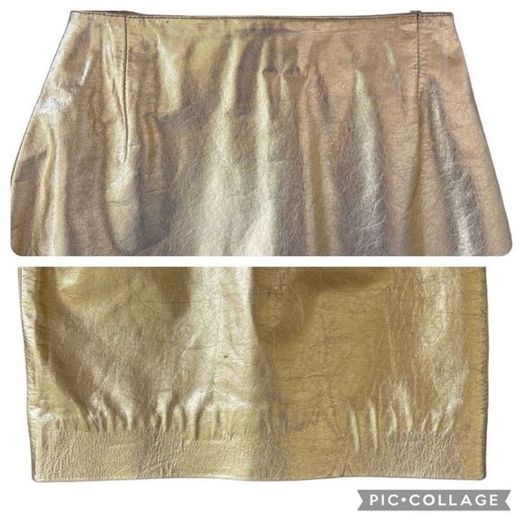Vintage Genuine Leather Arrow Metallic Gold Pencil Skirt Pleated Back Slip Zip - Picture 2 of 8